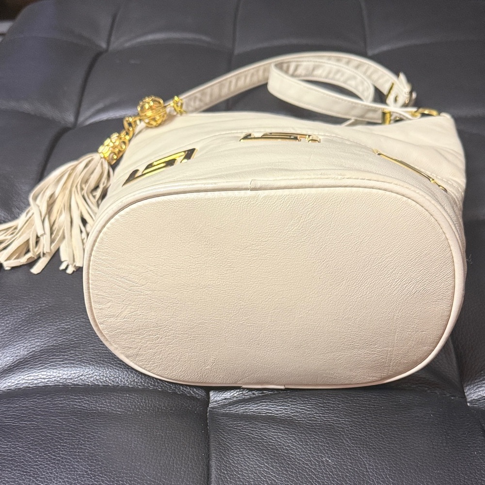 Paris Cream Leather Tassel Crossbody Bag with Gold Accents - Picture 2 of 14